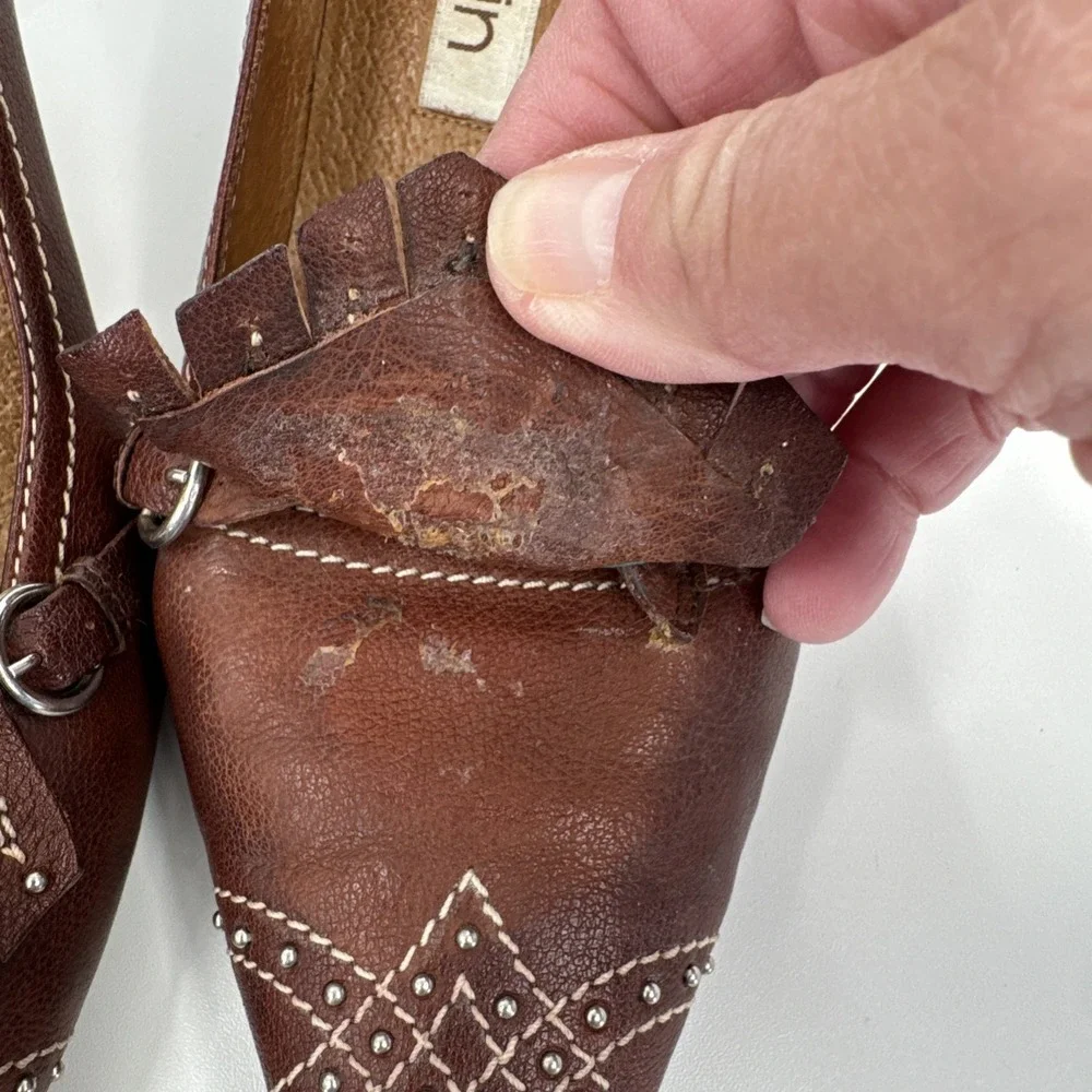 Ballin VTG Brown‎ Leather Kitten Heel 37.5 Italy Studded Fringe Metal Classic